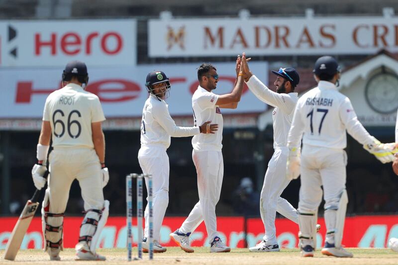 India team celebrates the wicket of Joe Root (captain) of England during day four of the second PayTM test match between India and England held at the Chidambaram Stadium in Chennai, Tamil Nadu, India on the 16th February 2021

Photo by Saikat Das / Sportzpics for BCCI