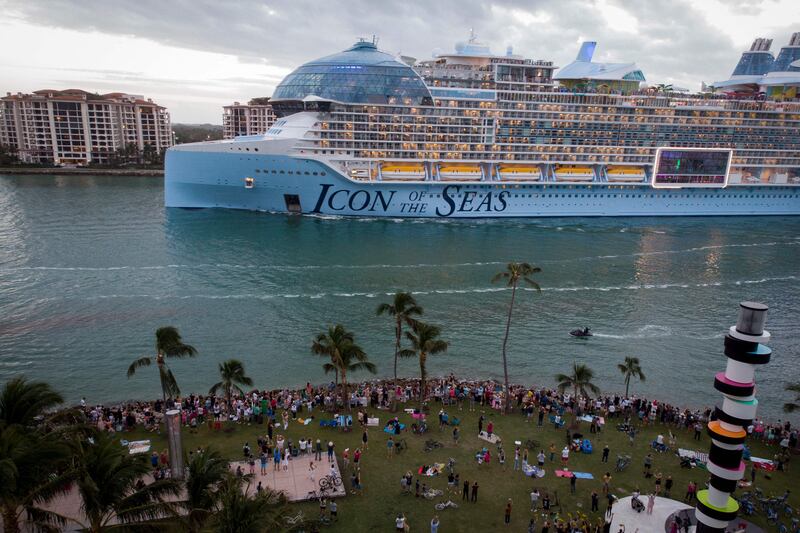 Royal Caribbean's "Icon of the Seas," billed as the world’s largest cruise ship, sails from the Port of Miami in Miami, Florida, on its maiden cruise, January 27, 2024.  (Photo by Marco BELLO  /  AFP)
