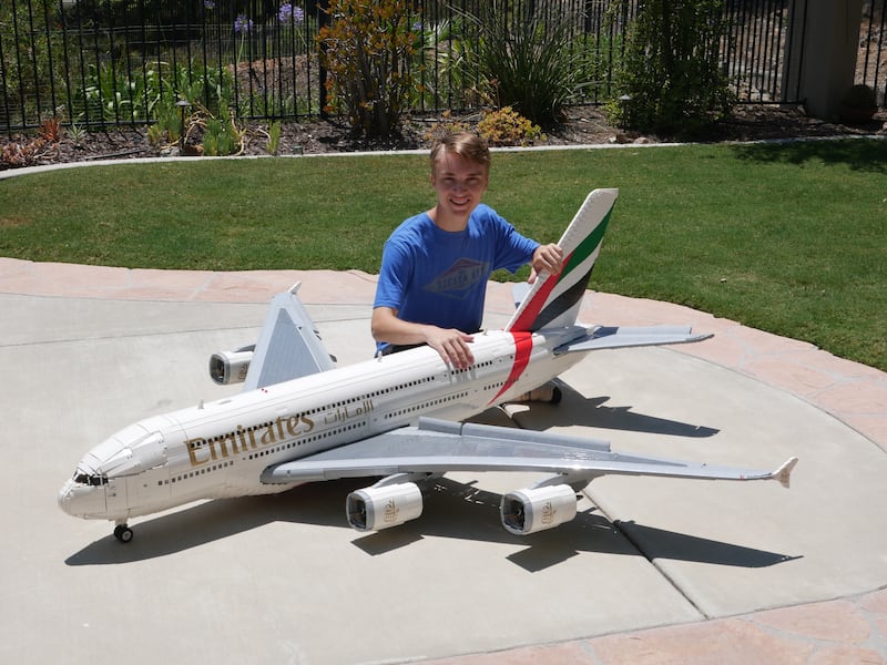 An Emirates A380 model plane made out of Lego.