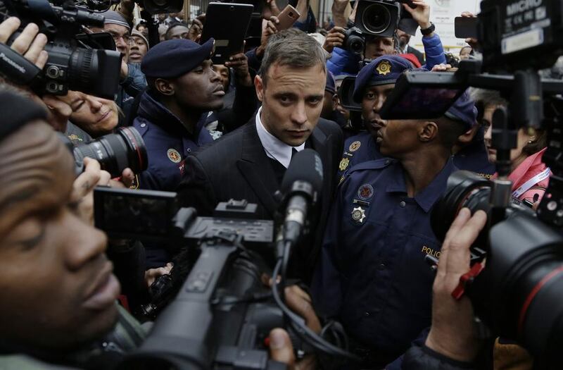 Paralympics sprinter and double-amputee Ooscar Pistorius leaving the High Curt in Pretoria, South Africa on June 14, 2016 as he awaits sentencing on July 6.  Themba Hadebe / Associated Press