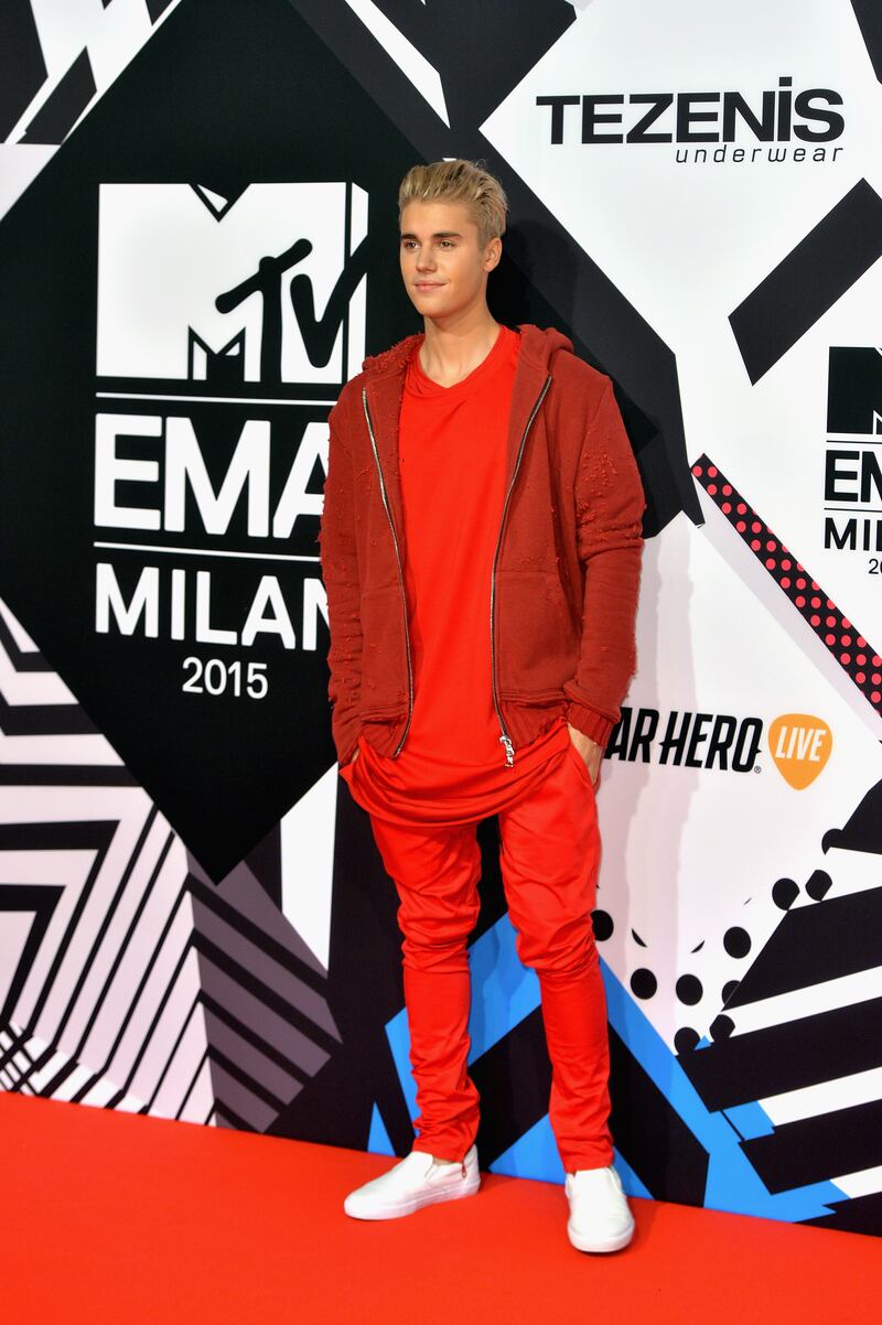 In all-red leisurewear for the MTV EMAs at the Mediolanum Forum on October 25, 2015, in Milan, Italy. Getty Images for MTV