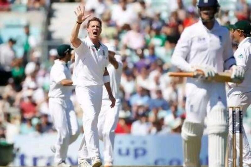Dale Steyn celebrates taking his fifth wicket as South Africa dismissed England 240 for 10 to win the first Test by an innings and 12 runs. Tom Shaw / Getty Images
