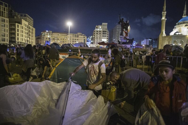 Anti-government protesters put up a tent in Martyrs' Square in Beirut, Lebanon. Getty Images