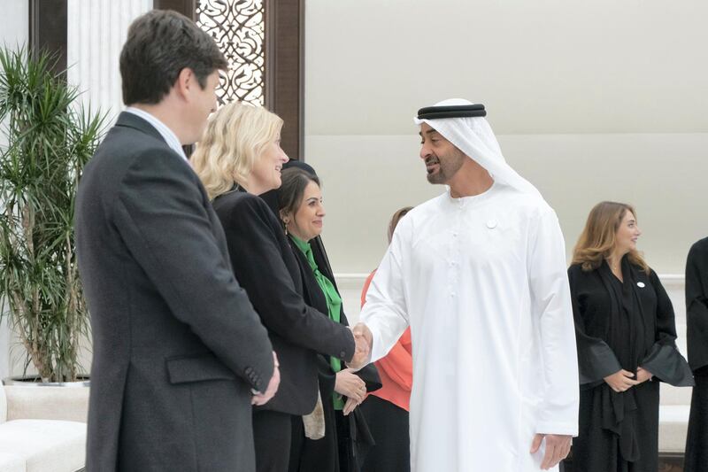 ABU DHABI, UNITED ARAB EMIRATES - May 21, 2019: HH Sheikh Mohamed bin Zayed Al Nahyan, Crown Prince of Abu Dhabi and Deputy Supreme Commander of the UAE Armed Forces (R), receives Special Olympics sponsors during an iftar reception at Al Bateen Palace.

( Rashed Al Mansoori / Ministry of Presidential Affairs )
---