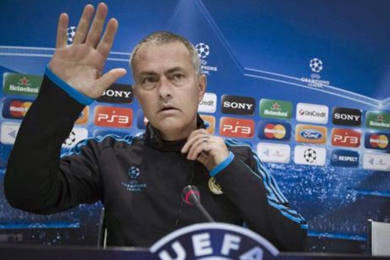 epa03194292 Real Madrid's Portuguese coach Jose Mourinho gestures during press conference held after the team's training session at Valdebebas sports complex in Madrid, Spain on 24 April 2012. Real Madrid will face Bayern Munich tomorrow in the UEFA Champions League semi final second leg match at Santiago Bernabeu stadium.  EPA/Emilio Naranjo
