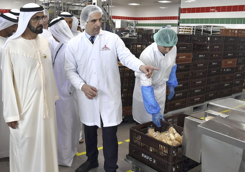 Sheikh Mohammed bin Rashid, Vice President and Ruler of Dubai, tours the Central Commissary Unit (CCU) and Skybake in Emirates Flight Catering, where food is prepared for more than 120 airlines. Wam