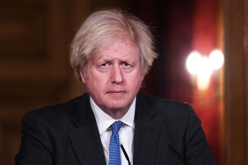 British Prime Minister Boris Johnson holds a coronavirus pandemic media briefing at Downing Street, London, Britain February 15, 2021. Stefan Rousseau/PA Wire/Pool via REUTERS