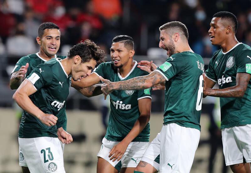 Raphael Veiga celebrates after scoring for Palmeiras.
