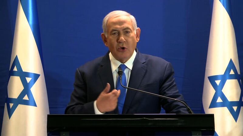 This frame grab taken off a video released by Likud shows Israeli Prime Minister Benjamin Netanyahu delivering a statement live at the Prime Minister's office in Jerusalem on January 07, 2019. / AFP / LIKUD / Thomas COEX
