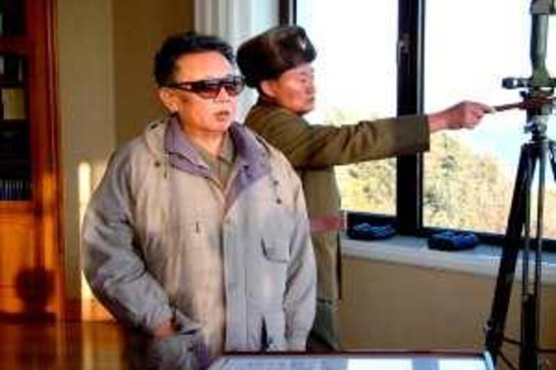 This undated picture, released from the Korean Central News Agency on January 5, 2009 shows North Korean leader Kim Jong Il (L) inspecting the firing drill of Unit 1489 under the Artillery Command of the Korean People's Army at undisclosed location in North Korea. North Korean leader Kim Jong-Il has visited an artillery unit, state media said on December 5, in his second such inspection to be reported this year. Kim watched a firing drill from an observation platform and met soldiers afterwards during the visit, the Korean Central News Agency said. It did not specify when his trip took place.     RESTRICTED TO EDITORIAL USE   AFP PHOTO / KCNA via KNS *** Local Caption ***  016335-01-08.jpg