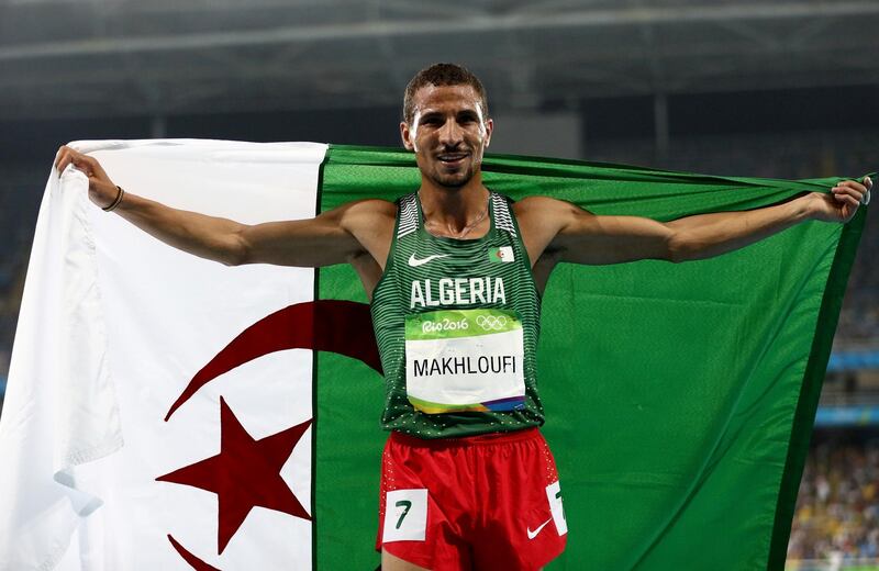 RIO DE JANEIRO, BRAZIL - AUGUST 20:  Taoufik Makhloufi of Algeria celebrates after winning silver in the Men's 1500 meter Final on Day 15 of the Rio 2016 Olympic Games at the Olympic Stadium on August 20, 2016 in Rio de Janeiro, Brazil.  (Photo by Patrick Smith/Getty Images)