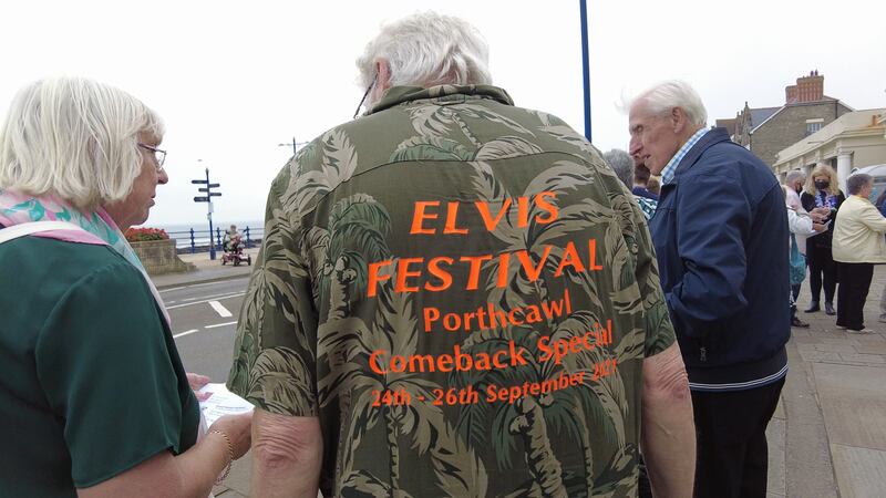 A spectator wears a 'comeback special' shirt at the Porthcawl Elvis Festival, which returns in 2021 after it was cancelled due to covid in 2020.