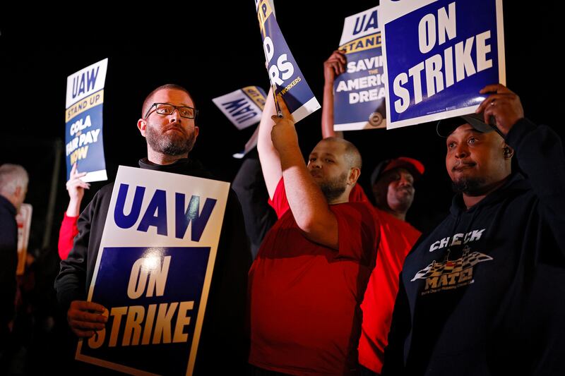 Members of the United Auto Workers union strike outside the Ford Michigan assembly plant in Wayne, Michigan. EPA