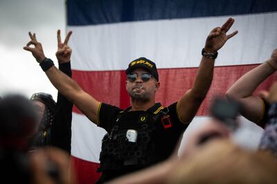 A man gestures the OK sign that is now seen as a symbol of white supremacy, as hundreds gathered during a Proud Boys rally at Delta Park in Portland, Oregon on September 26, 2020. Far-right group "Proud Boys" members gather in Portland to show support to US president Donald Trump and to condemn violence that have been occurring for more than three months during "Black Lives Matter" and "Antifa" protests. 
 / AFP / Maranie R. STAAB
