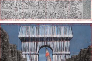 L'Arc de Triomphe, Wrapped (Project for Paris) Place de l'Etoile – Charles de Gaulle. Drawing 2019 in two parts. Pencil, charcoal, pastel, wax crayon, enamel paint, map, and fabric sample. Estate of Christo V. Javacheff