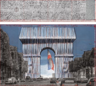 A 2019 drawing in two parts of 'L'Arc de Triomphe, Wrapped', in pencil, charcoal, pastel, wax crayon and enamel paint, and featuring a map and fabric sample. Estate of Christo V Javacheff