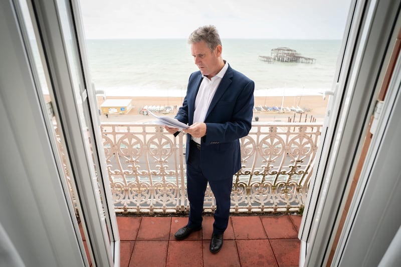 Britain's Labour Party leader Keir Starmer prepares his conference speech before addressing delegates. The annual Labour Party conference is taking place in Brighton, on the south coast of England. Reuters