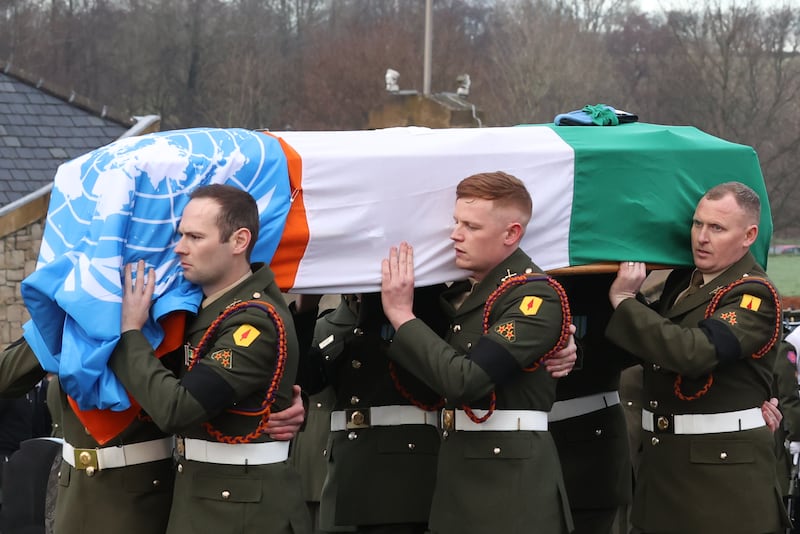 Pte Sean Rooney, 23, from Newtowncunningham in Co Donegal, was serving with a UN peacekeeping mission, when he was killed in Lebanon. His funeral was in December 2022. PA