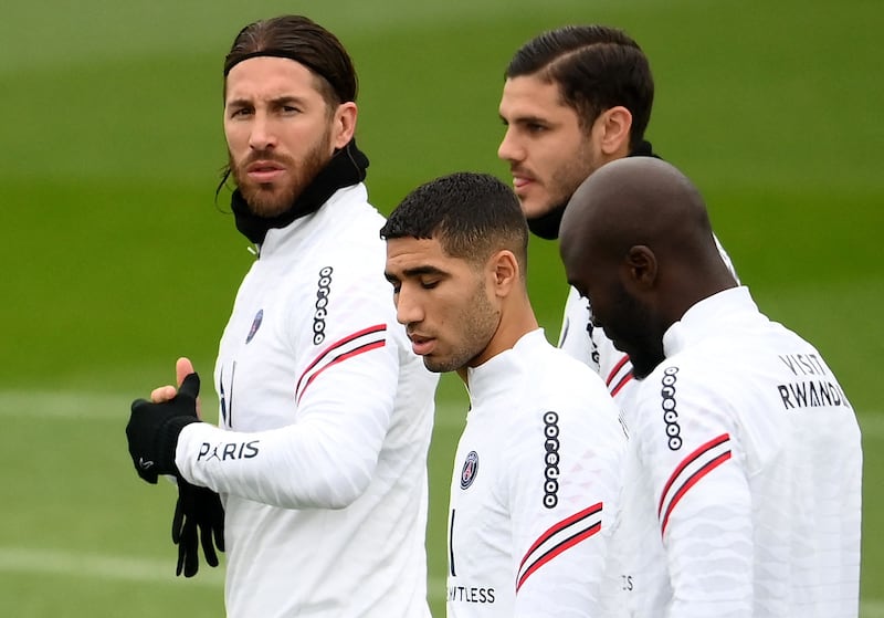 Sergio Ramos during a training session at the PSG's Camp des Loges training ground. AFP