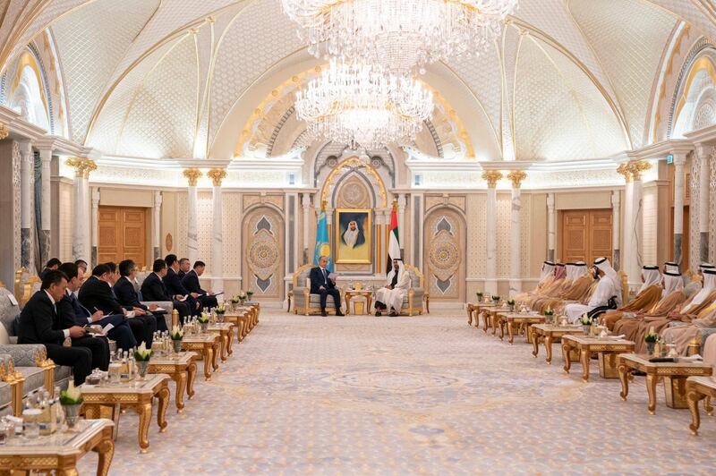 Sheikh Mohamed bin Zayed, Crown Prince of Abu Dhabi and Deputy Supreme Commander of the Armed Forces, meets Kassym-Jomart Tokayev, President of Kazakhstan, and his accompanying delegation at the Presidential Palace. Courtesy Sheikh Mohamed bin Zayed Twitter