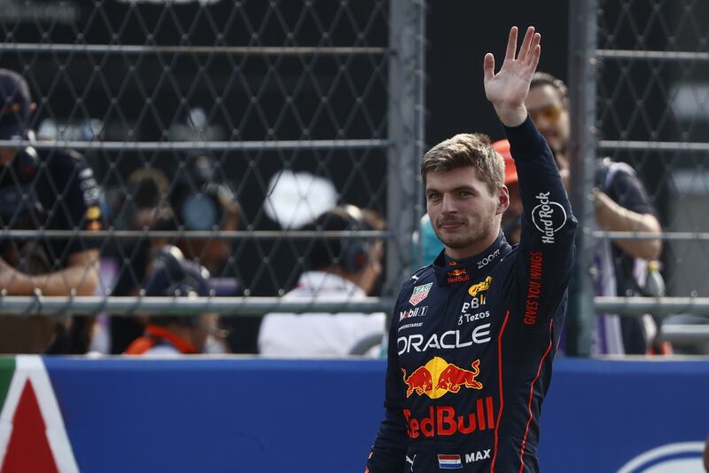 Max Verstappen waves to the crowd after qualifying on pole for the Mexican Grand Prix. EPA