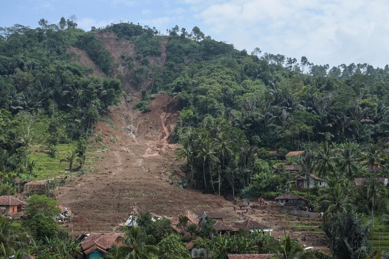 A landslide in Cipongkor, West Java province. At least nine Indonesians were reported missing overnight while more than 200 were evacuated after a landslide and flooding hit their village on Java island. AFP
