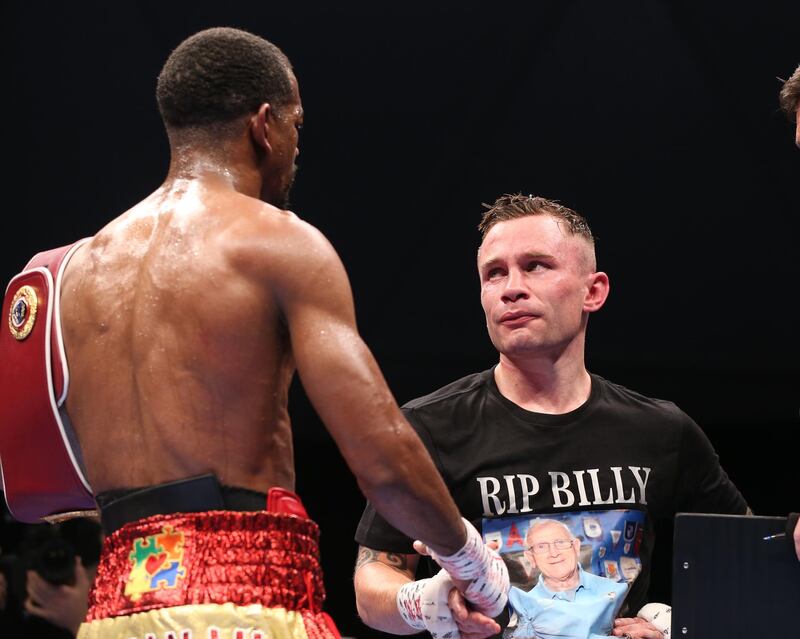 Jamel Herring of the US shakes hand with Carl Frampton of Northern Ireland after the D4G Promotions' Legacy Fight Night Boxing match in Dubai. Herring won the fight by TKO to retain his WBO Super-featherweight title.