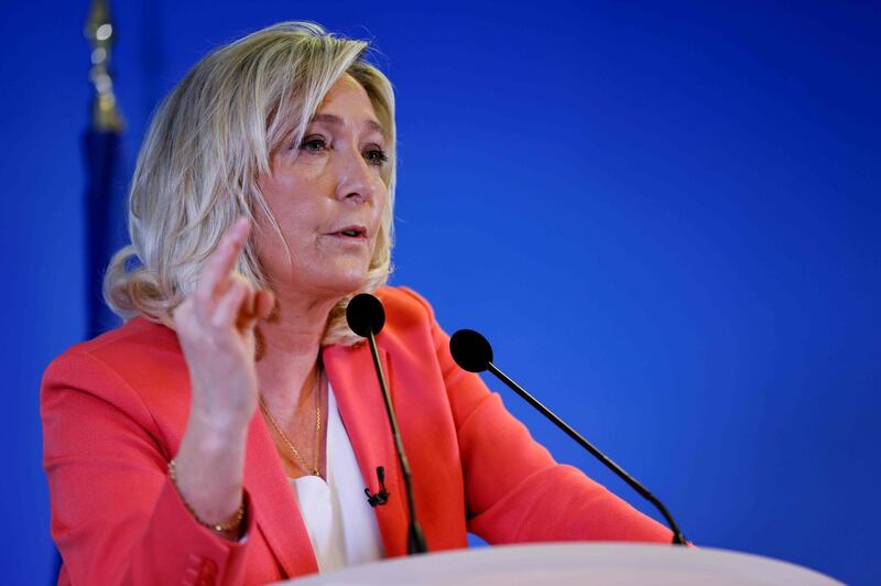 Head of far-right party Rassemblement National (RN) Marine Le Pen addresses a press conference to present a "counter-project" to the government's proposed law against "separatism", at the party headquarters in Nanterre, near Paris, on January 29, 2021. / AFP / Thomas SAMSON
