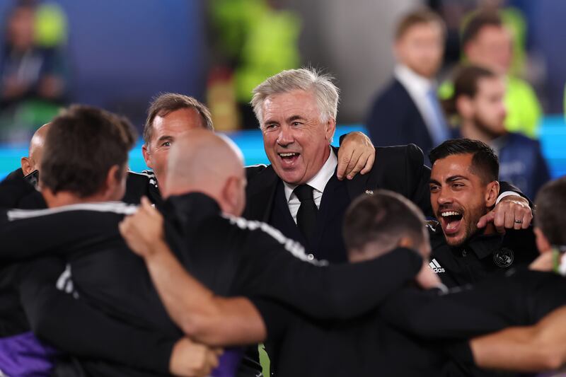 Real Madrid head coach Carlo Ancelotti celebrates after the final whistle. Getty Images