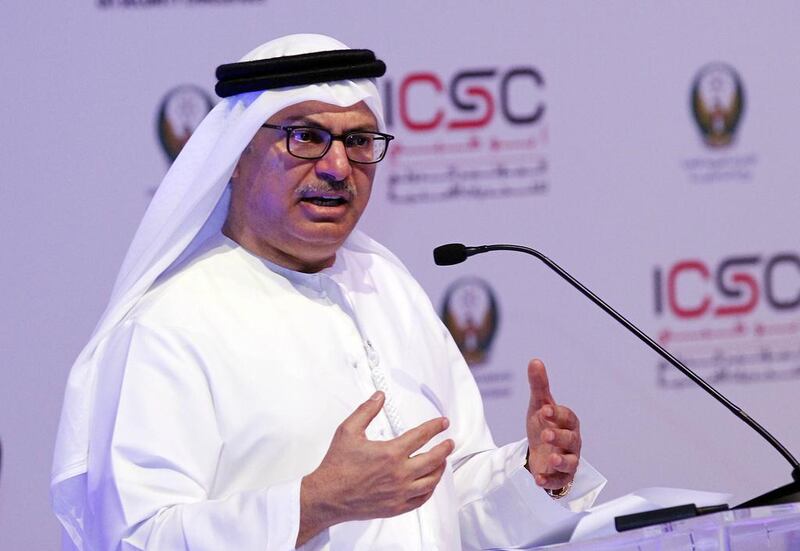 Dr Anwar Gargash, Minister of State for Foreign Affairs, delivers his speech on Security Challenges in the light of Region Changes at the International Conference on Security Challenges at the Armed Forces Officers club in Abu Dhabi on March 31, 2014. Ravindranath K / The National