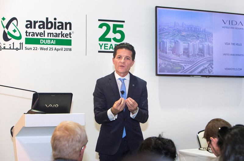 DUBAI, UNITED ARAB EMIRATES, 22 APRIL 2018 - Olivier Harnisch, CEO, Emaar Hospitality Group during the Emaar press conference at the 25th Arabian Travel Market, Dubai. Leslie Pableo for the National for Deena Kamel’s story