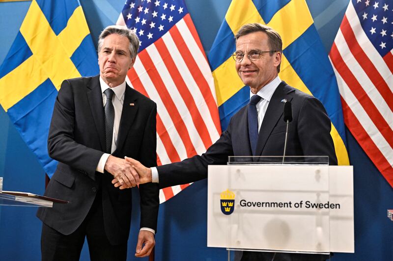 US Secretary of State Antony Blinken with Sweden's Prime Minister Ulf Kristersson in Lulea, Sweden, on May 30. TT News Agency via Reuters