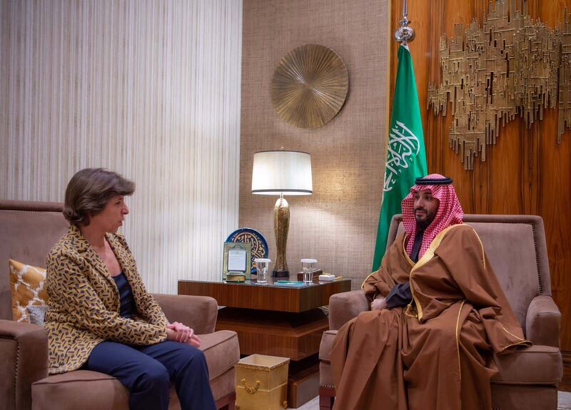 Saudi Crown Prince Mohammed bin Salman with French Foreign Minister Catherine Colonna in Riyadh. SPA