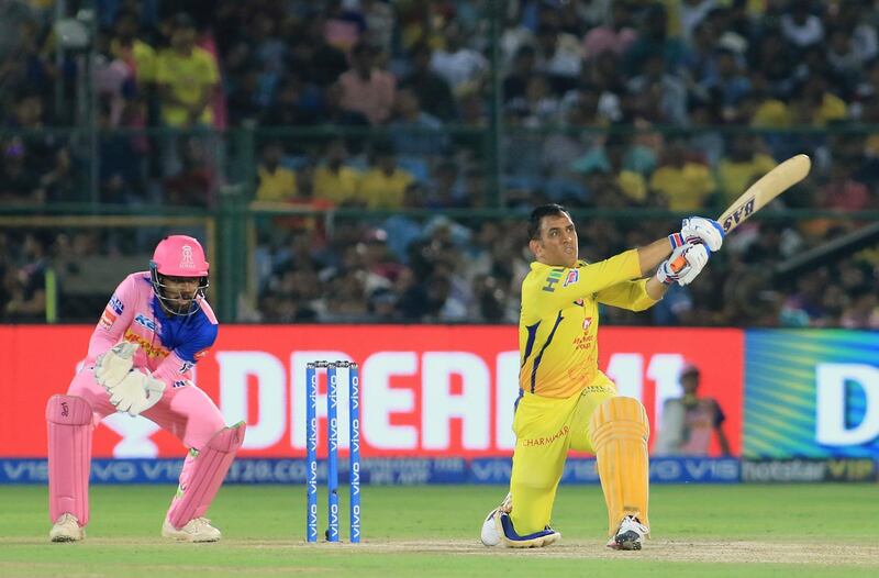 Chennai Super Kings' Mahendra Singh Dhoni bats during the VIVO IPL T20 cricket match between Rajasthan Royals and Chennai Super Kings in Jaipur, India, Thursday, April 11, 2019. (AP Photo/Vishal Bhatnagar)