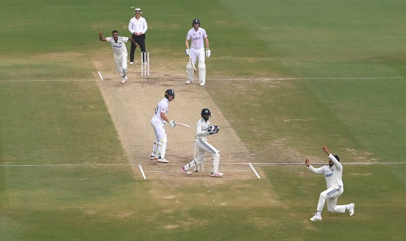 India bowler Ravi Ashwin has England batsman Ollie Pope caught at slip for 23 by Rohit Sharma. Getty Images