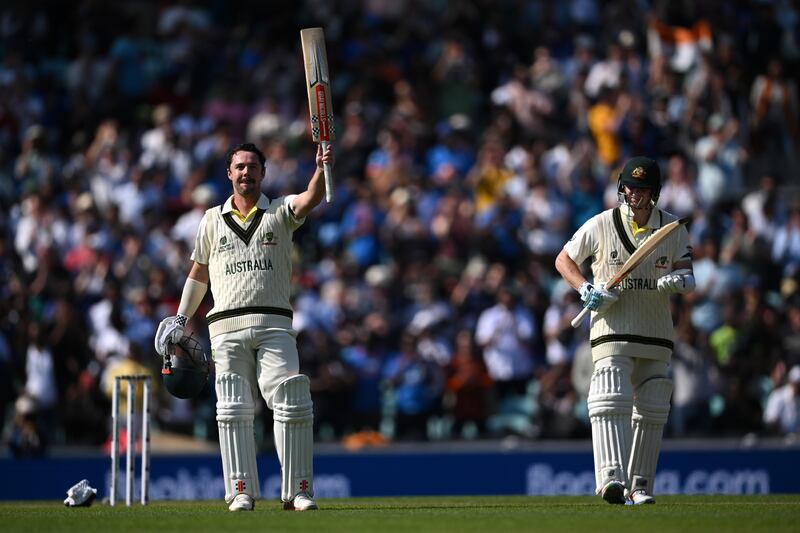 Australia's Travis Head celebrates after reaching his century on day one of the World Test Championship final against India at The Oval on Wednesday, June 7, 2023. Getty