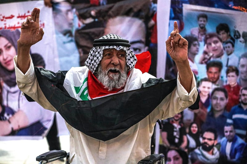 A demonstrator gestures during a protest to mark the first anniversary of the anti-government protests in Basra, Iraq on October 1, 2020. AP Photo