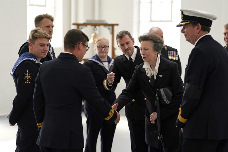 Princess Anne meets Royal Navy personnel at Portsmouth Naval Base who took part in Queen Elizabeth II's funeral procession. PA