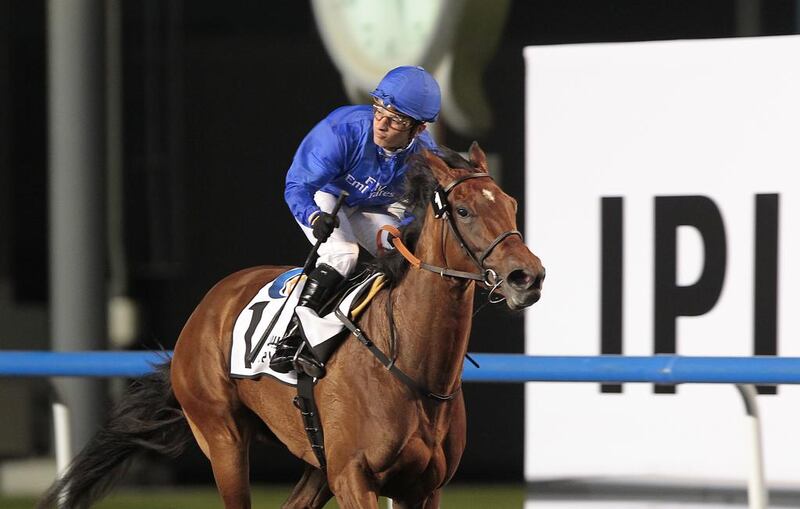 Ihtimal and jockey Silvestre De Souza win the UAE 1,000 Guineas for thoroughbreds on February 6, 2014. Jeffrey E Biteng / The National