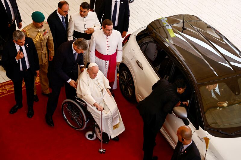 Pope Francis arrives for a meeting and a prayer service at the at Sacred Heart Church in Manama. Reuters
