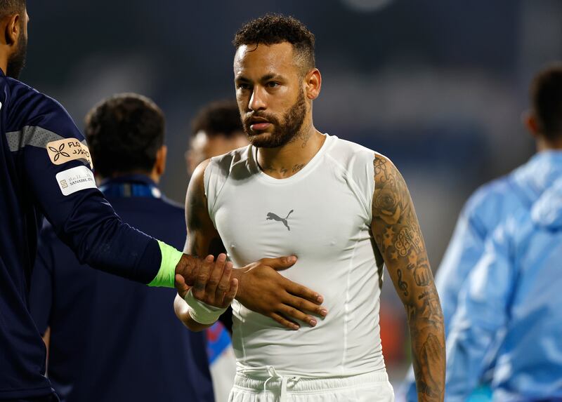 A disappointed Neymar of Al Hilal leaves the field after the draw with Damac. Getty