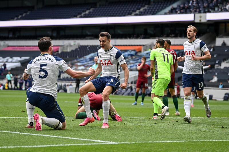 Pierre-Emile Hojbjerg of Tottenham celebrates after scoring against Wolverhampton Wanderers on Sunday, May 16. EPA