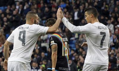 Karim Benzema, left, and Cristiano Ronaldo during their time as teammates at Real Madrid. AP Photo