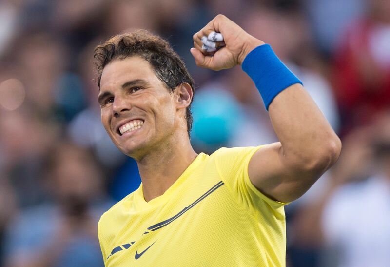 Rafael Nadal of Spain celebrates his victory over Borna Coric of Croatia during the Rogers Cup menâ€™s tennis tournament, Wednesday, Aug. 9, 2017 in Montreal. (Paul Chiasson/The Canadian Press via AP)