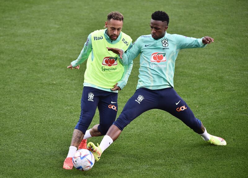 Neymar and Vinicius Junior battle for the ball during training as Brazil continue their World Cup preparations in Italy. Reuters