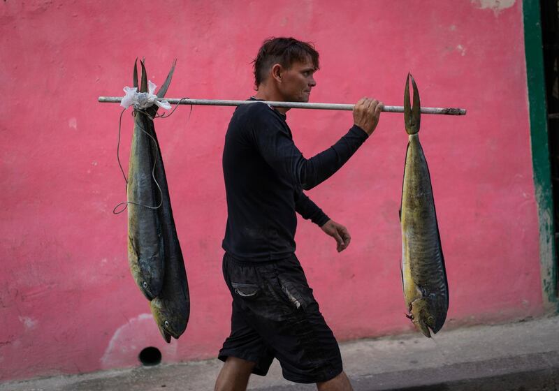 A fisherman carries fish in Old Havana, Cuba. AP Photo