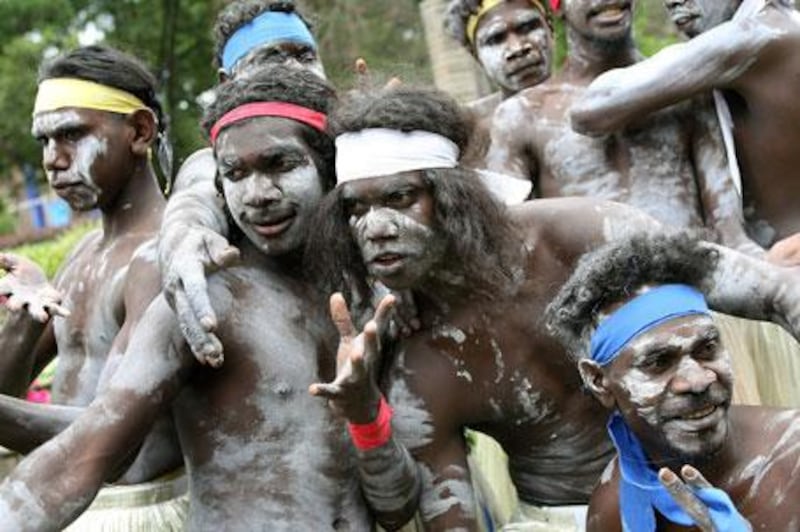 Aboriginal traditional dancers from Arnhem Land in Australia's Northern Territory who call themselves the "Chooky Dancers".