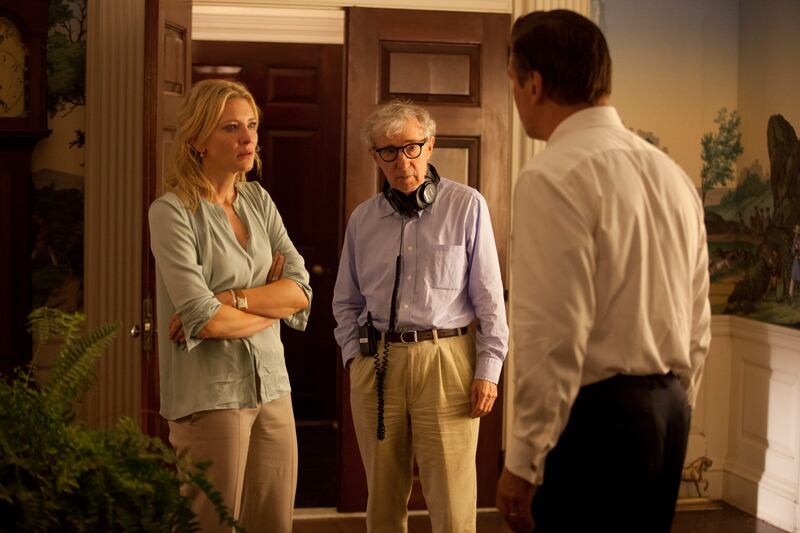 A handout photo of Left to right: Cate Blanchett, Director Woody Allen and Alec Baldwin on the set of "Blue Jasmine" 
(Photo by Jessica Miglio) *** Local Caption ***  AL09OC-BOLLYBOX-ALLEN.jpg
