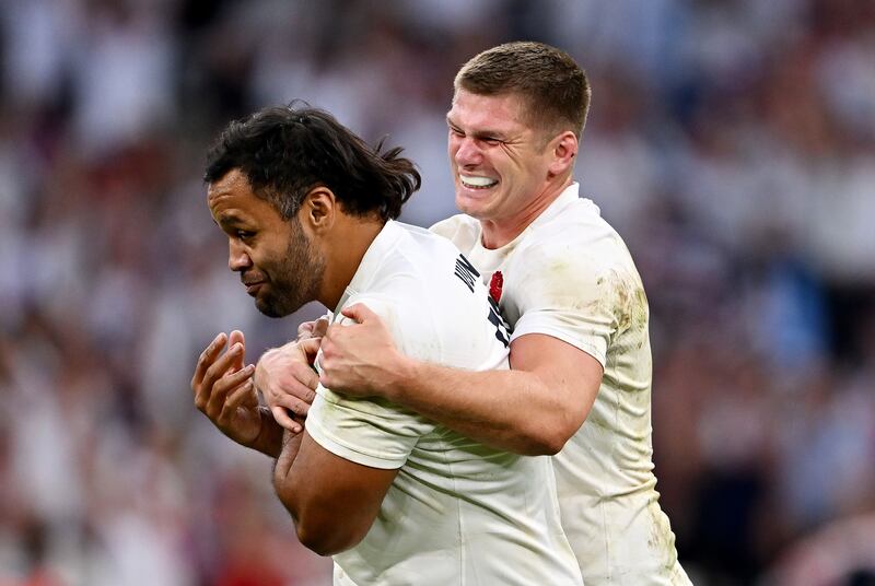 Billy Vunipola, left, and Owen Farrell of England celebrate victory over Fiji at full-time. Getty