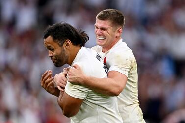MARSEILLE, FRANCE - OCTOBER 15: Billy Vunipola and Owen Farrell of England celebrate victory at full-time following the Rugby World Cup France 2023 Quarter Final match between England and Fiji at Stade Velodrome on October 15, 2023 in Marseille, France. (Photo by Dan Mullan / Getty Images)